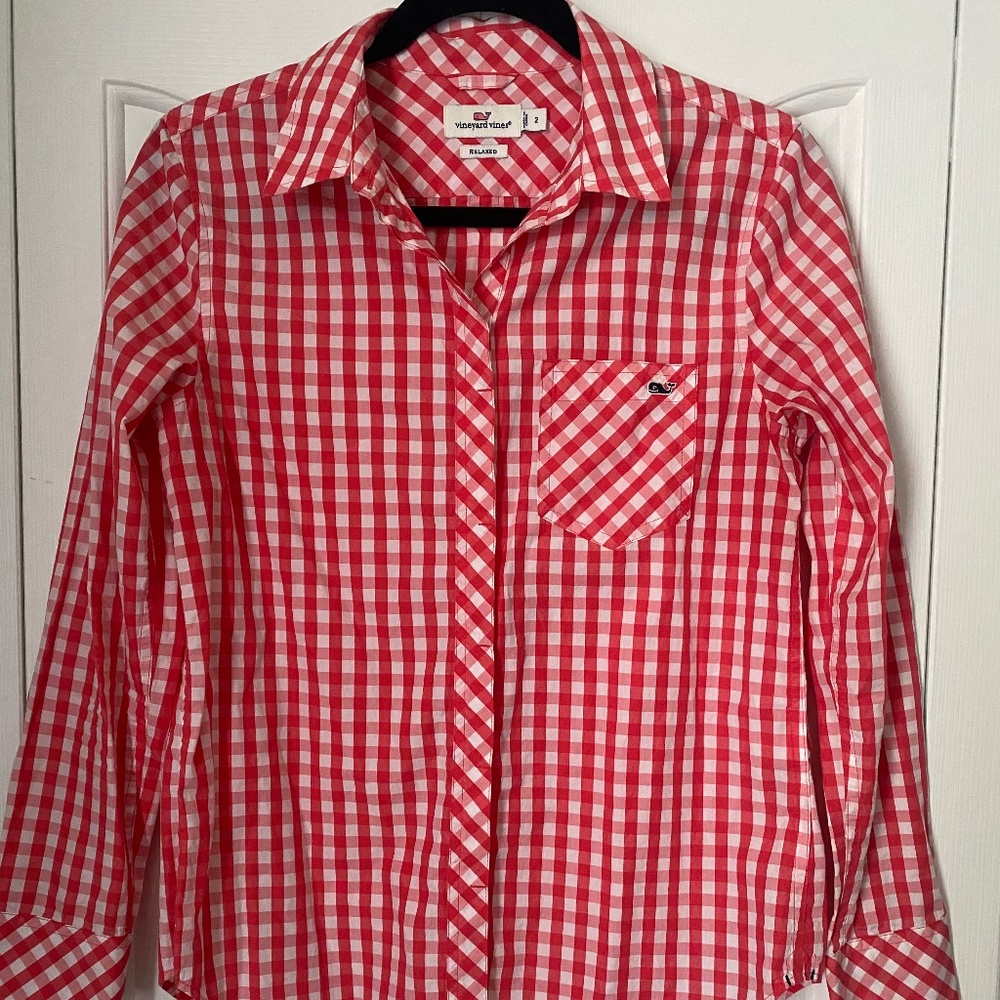 VINEYARD VINES PINK AND WHITE CHECKERED COLLARD SHIRT SIZE 2